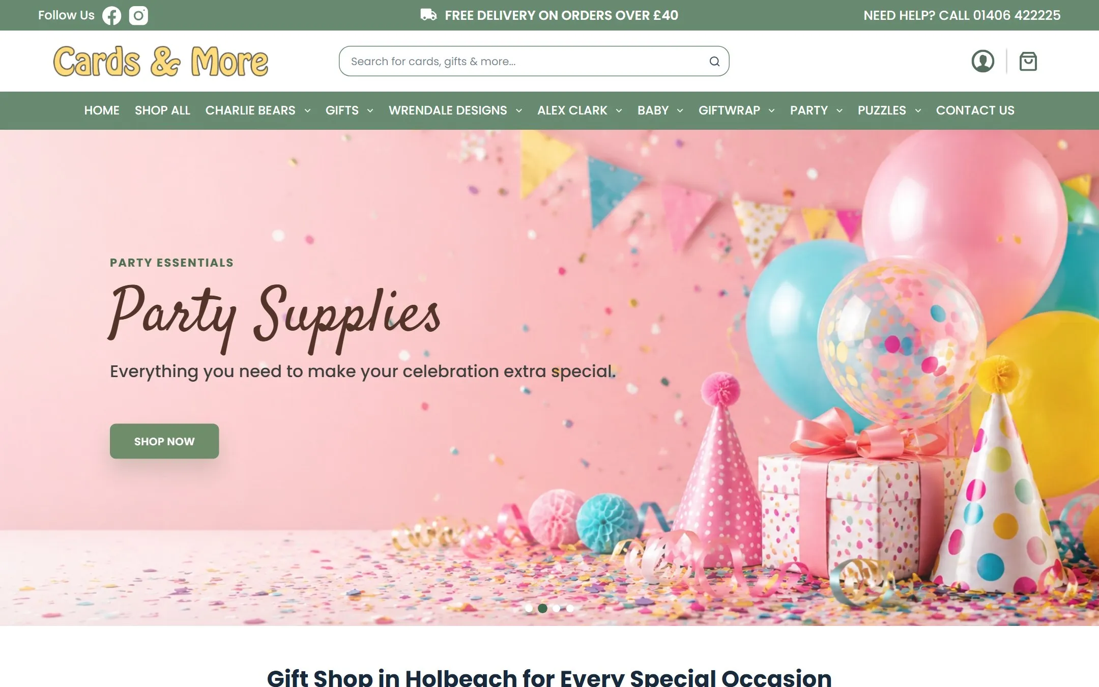 Homepage of the Cards & More website