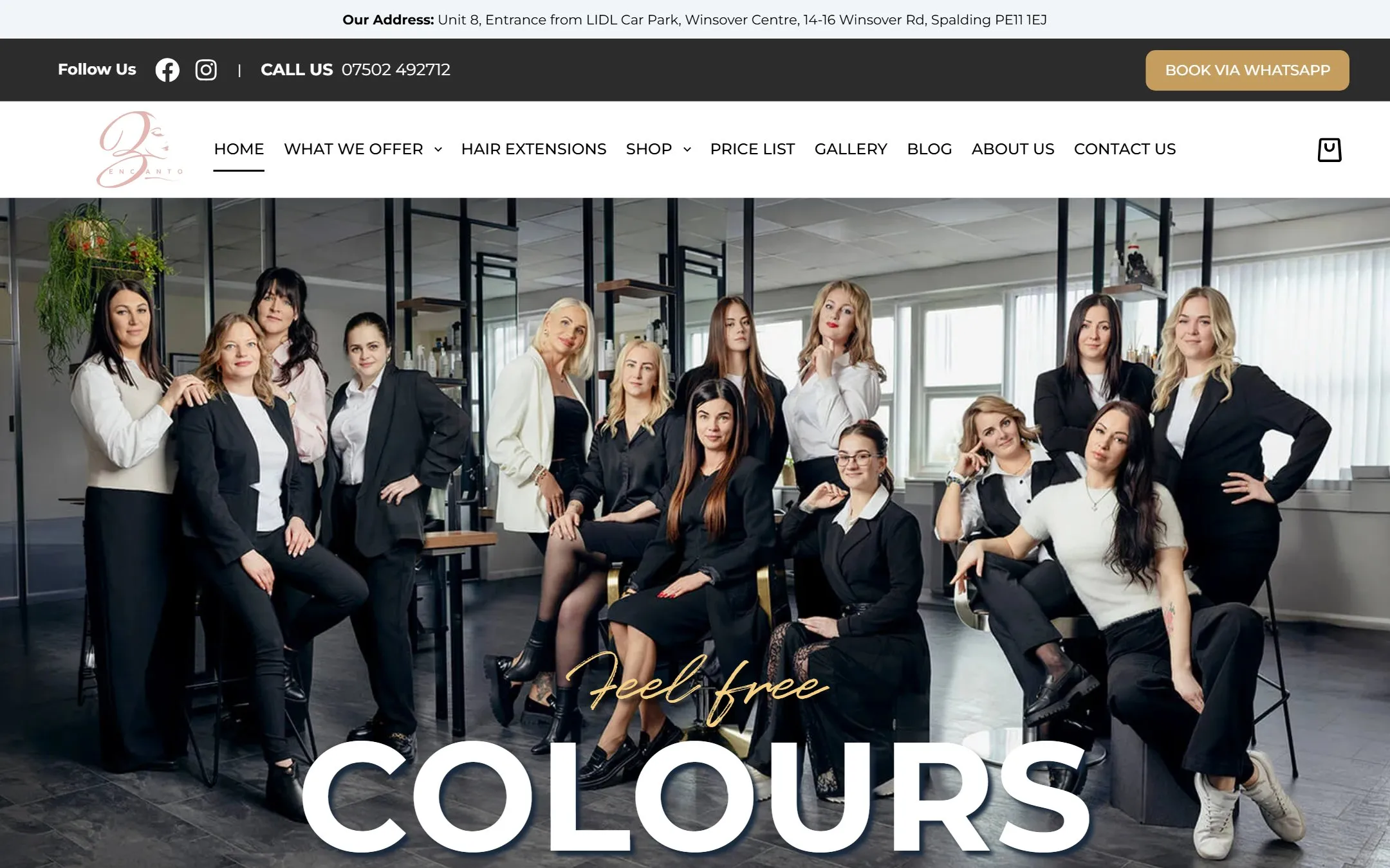 Homepage of the Encanto Beauty & Hair Salon website