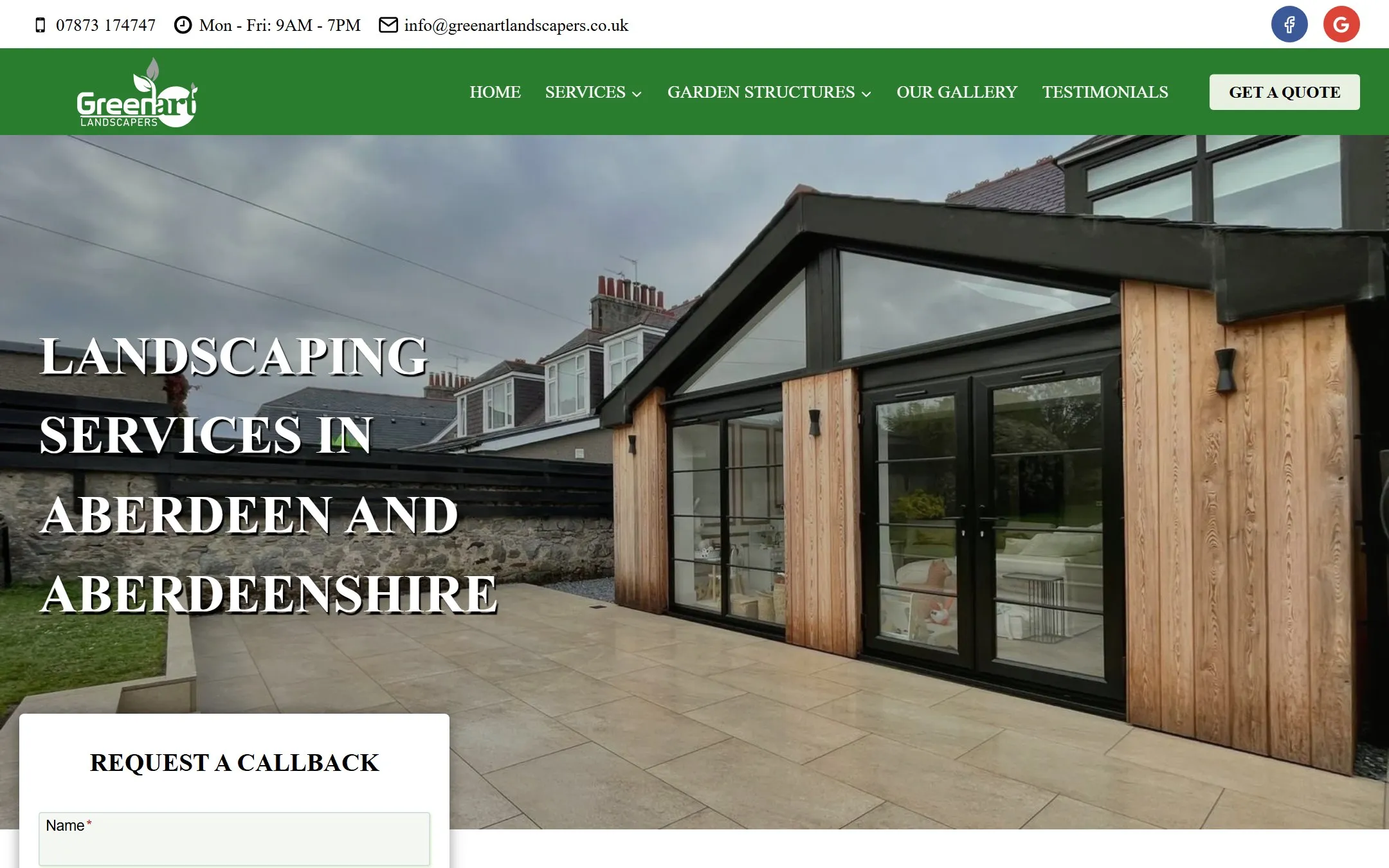Homepage of the GreenArt Landscapers website