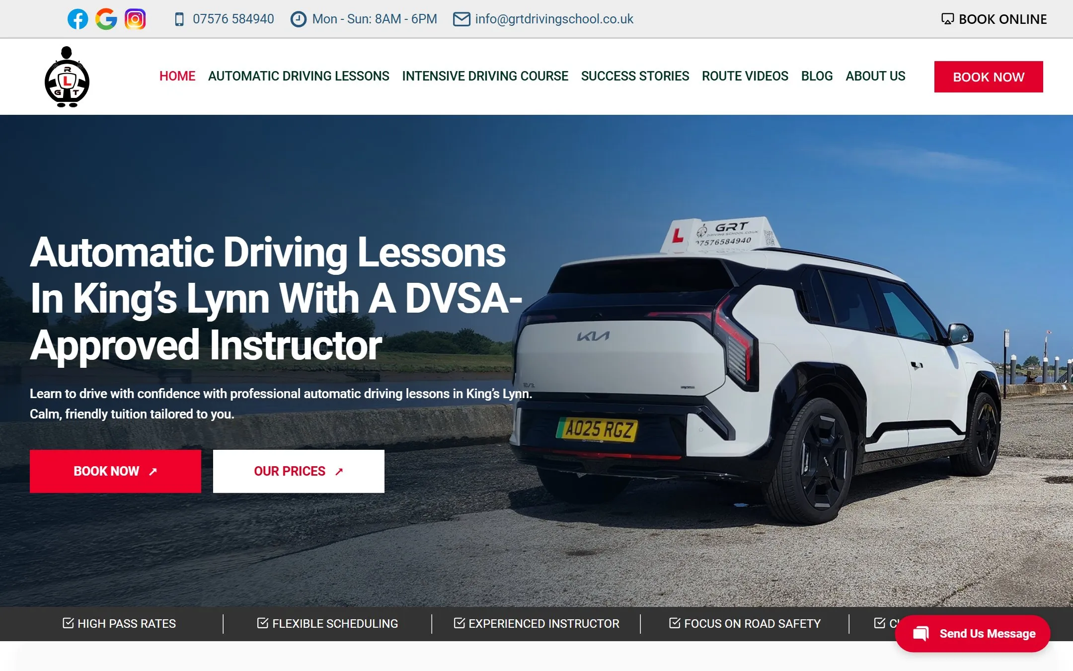 Homepage of the GRT Driving School website