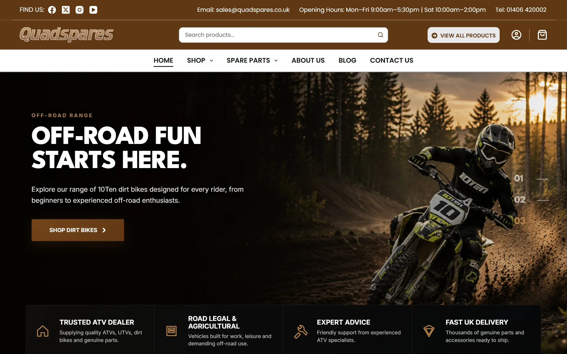 Homepage of the Quad Spares website
